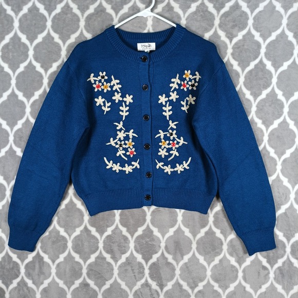 Tulip B Sweaters - Tulip B Cardigan Sweater Women Medium Blue Floral Embroidered Cottage